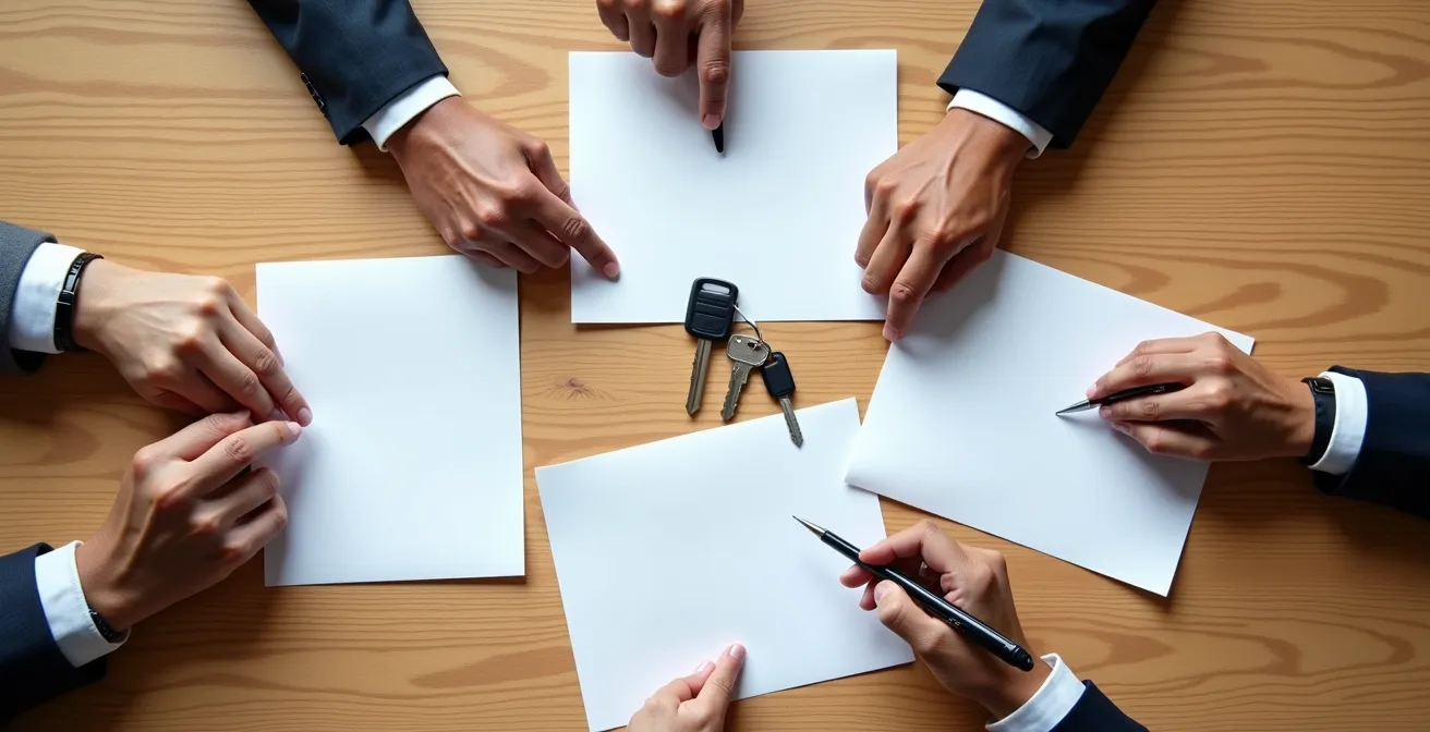 Geschäftsleute unterzeichnen gemeinsam einen Fahrgemeinschaftsvertrag im Büro
