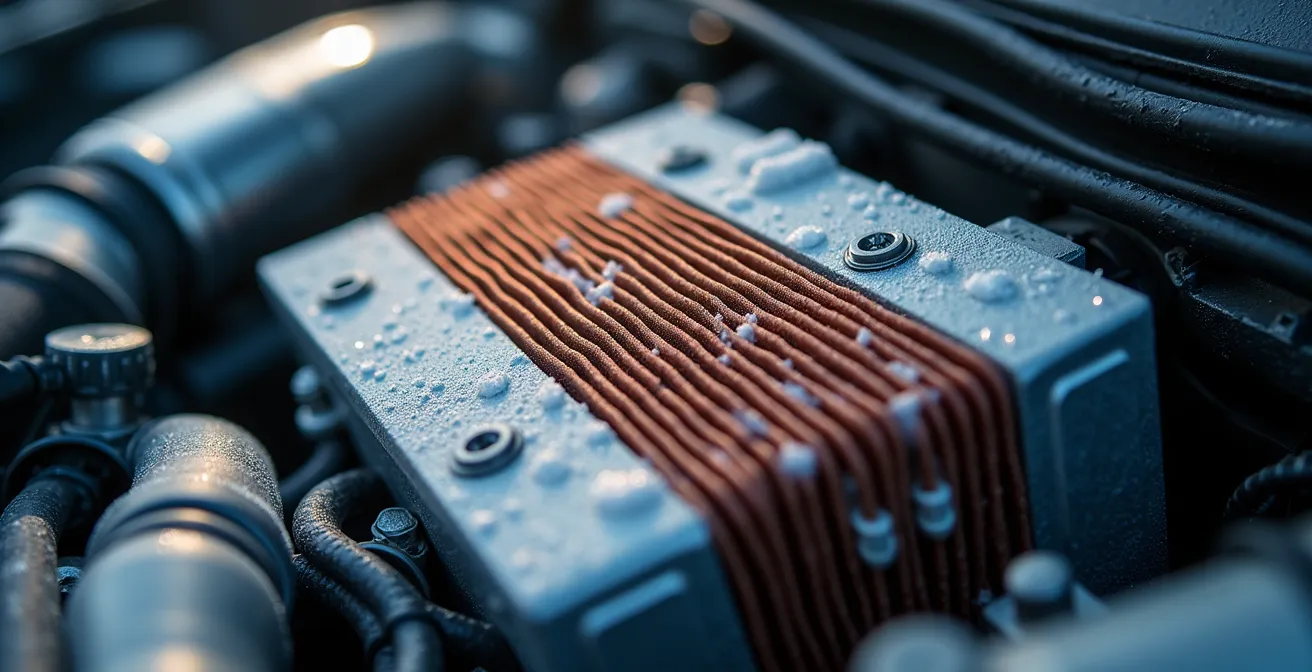 Nahaufnahme einer Wärmepumpe im Motorraum eines Elektroautos