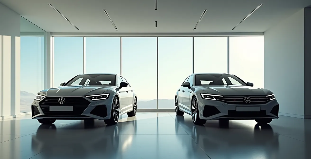 Vergleichende Darstellung zweier gleicher Fahrzeuge, eines mit Premium-Ausstattung und das andere als Basis-Modell, in einem modernen Autohaus.
