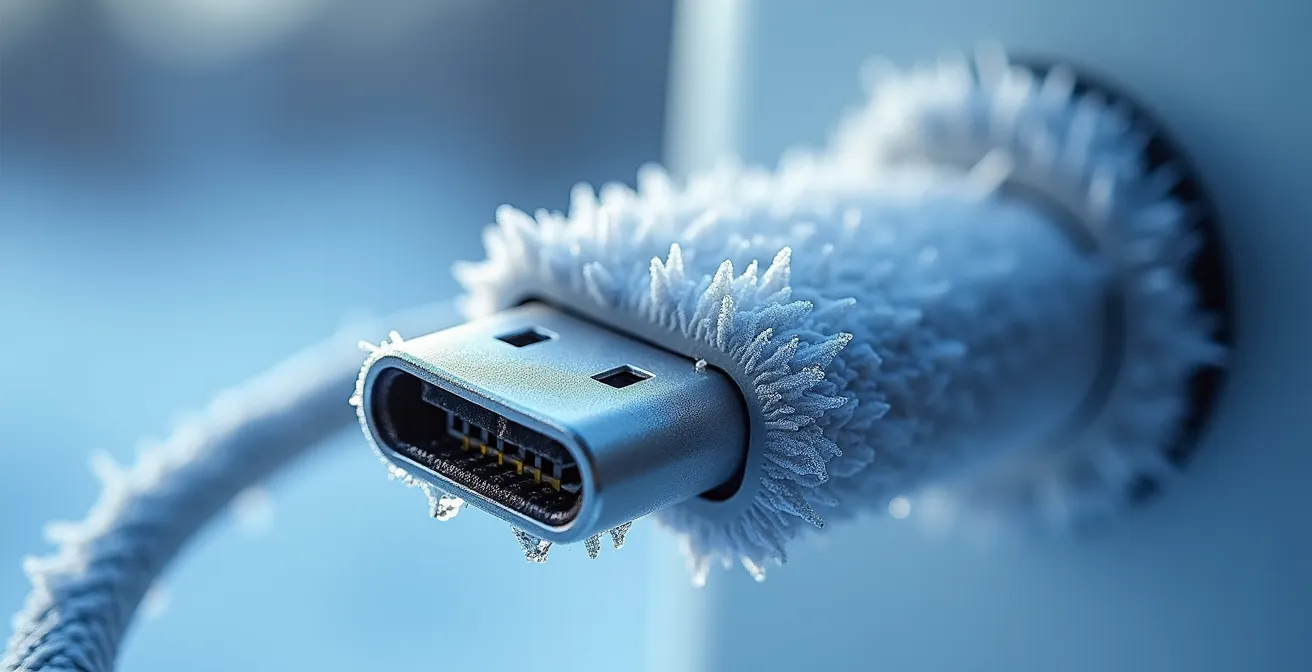 Winterliche Ladestation mit Frost zeigt erhöhte Energiekosten für Elektroautos in Deutschland