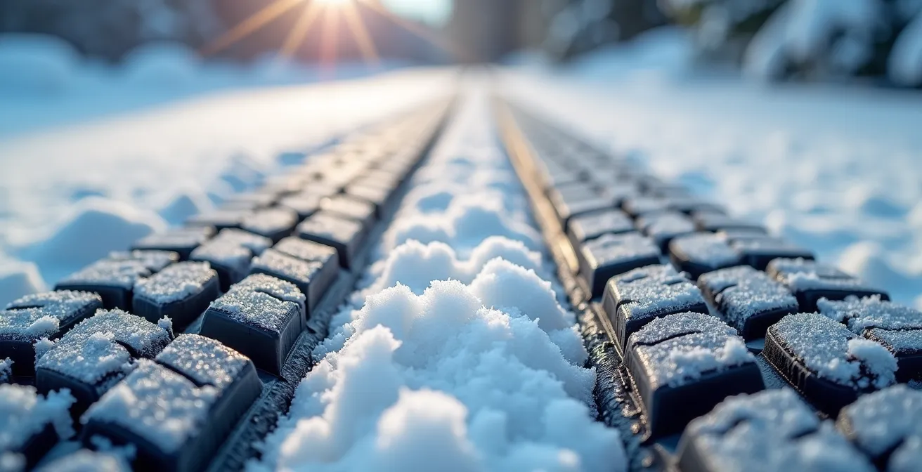 Nahaufnahme von Winterreifenprofil auf verschneiter Fahrbahn mit Bremsspuren